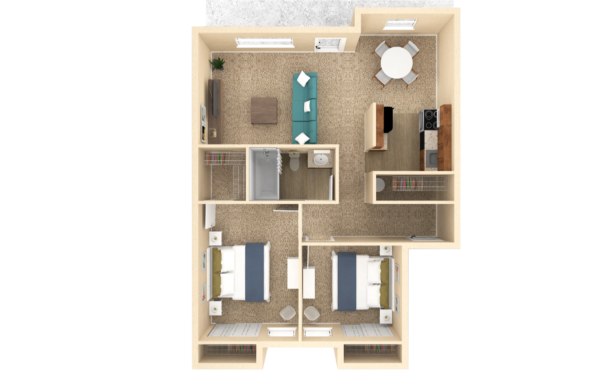 Floor plan for 2 beds, 1 bath, 886 sqft